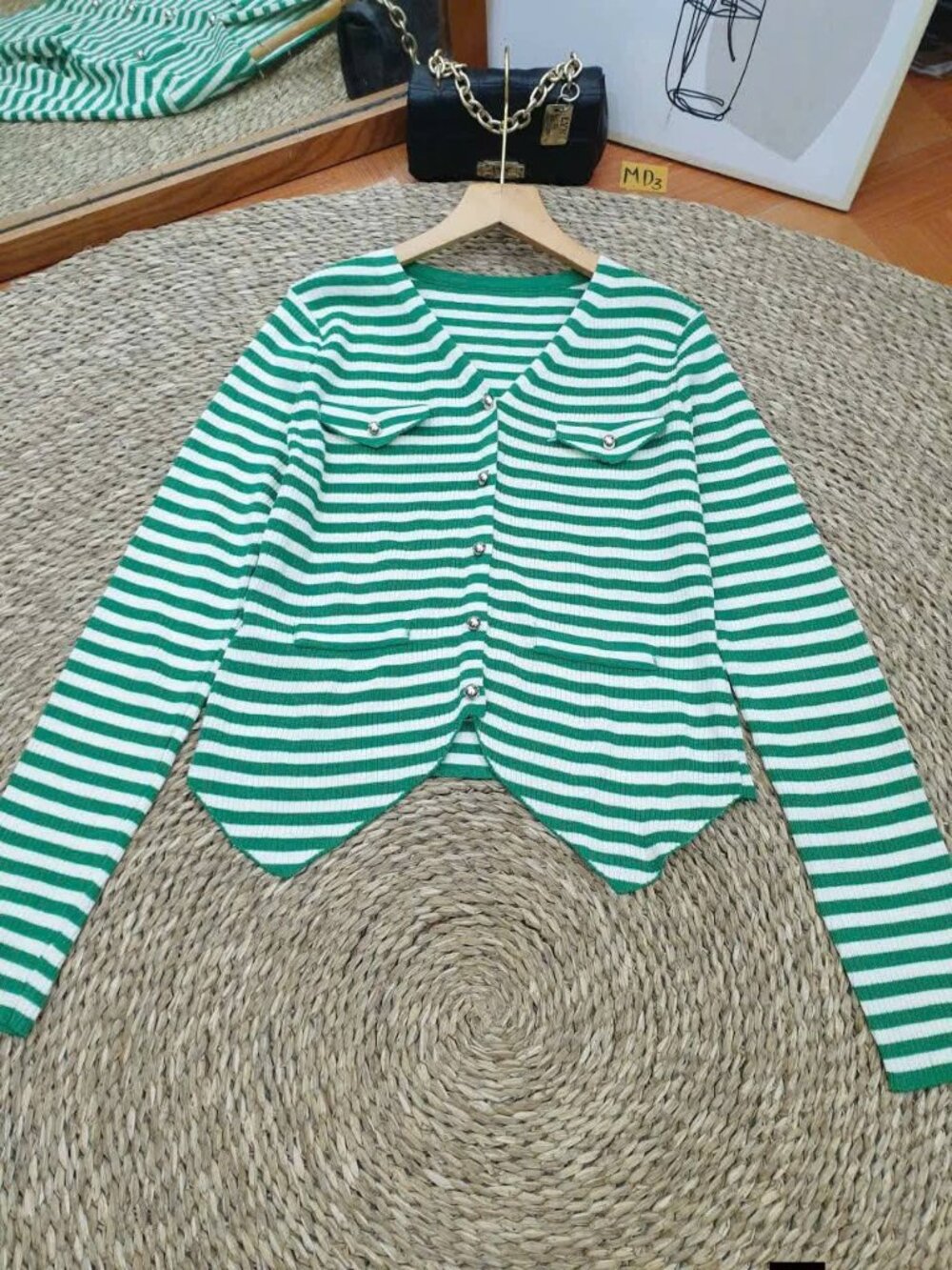 Green White Striped Knit Cardigan Pointed Hem Crystal Button Top